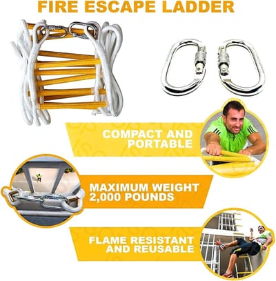 Reddingsladder 10m - Brandtrap Touwladder - Noodevacuatie Huis - Met Veiligheidsgordel - Tot 900kg Draaglast - Zilver