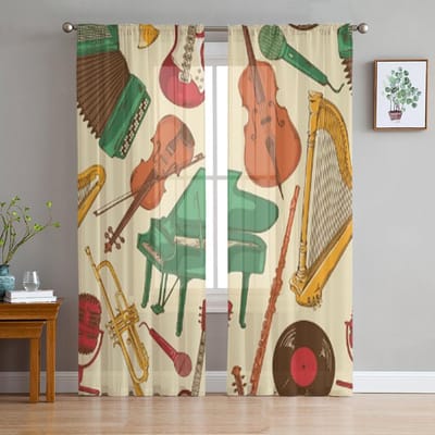Kleurrijke Cartoon Muziekinstrumenten Tule Doorzichtig Gordijn voor Woonkamer Slaapkamer Keuken Decoratie Voile Organza Gordijnen 135W x 114H(cm) brown