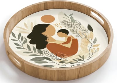 Dienblad rond 40x40 cm - Schootdienblad hout - Illustratie - Moeder - Kind - Liefdevol - Borrelplank rechthoek - Plateau houten dienbladen