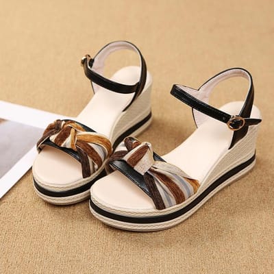 Sandales compensées d'été pour femmes Mode Plateforme Bout ouvert Nœud Chaussures décontractées Nouvelles Noires Rehaussantes Légères Sandales de plage 34 noir