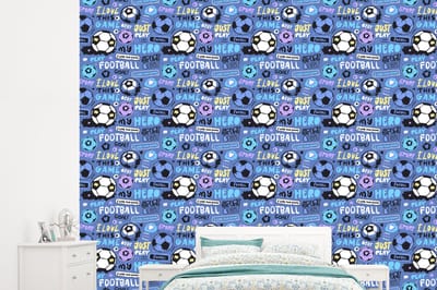 Behang - Fotobehang Patronen - Voetbal - Blauw - Jongens - Kinderen - Kids - Jongetje - Breedte 245 cm x hoogte 220 cm