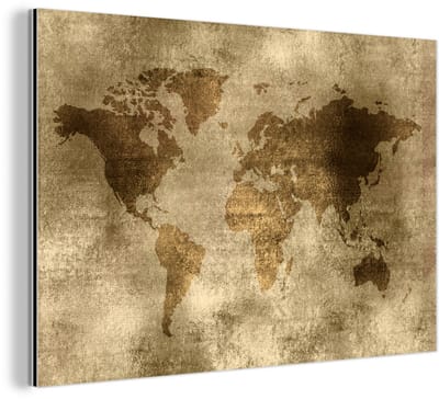 Aluminium schilderij 180x120 cm - Wanddecoratie metaal - Wereldkaart - Antiek - Bruin - Metalen muurdecoratie woonkamer - Decoratie industrieel - Foto op dibond - Industriële accessoires slaapkamer