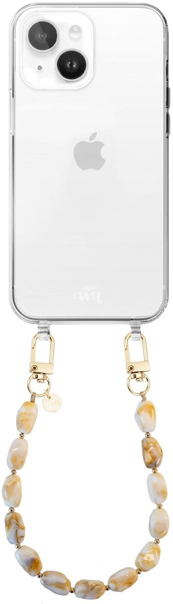 xoxo Wildhearts telefoonhoesje geschikt voor iPhone 13 - Moonlight (kort koord) - siliconen hoesje met koord - Backcover met telefoonkoord - Telefoonhanger stenen ketting - Beige / Wit