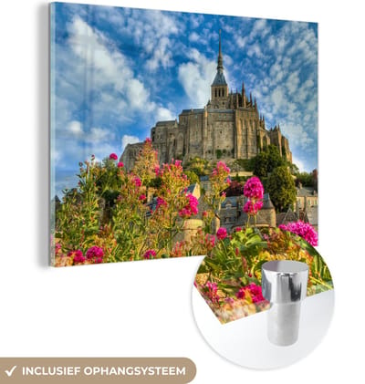 ® Glasschilderij 160x120 cm - Schilderij acrylglas - Kasteel - Bloemen - Frankrijk - Foto op glas - Muurdecoratie woonkamer - Wanddecoratie slaapkamer - Schilderijen