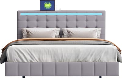 Merax 140x200 cm Bed met LED-Lichtstrip en Hoofdbord - Fluwelen Slaapbank met Versteekte Poten - Grijs
