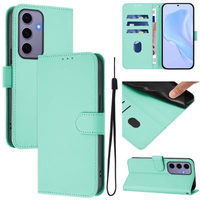 Telefoonhoesje van effen leer met een soepele textuur en draagkoord voor Samsung Galaxy S24 5G (mintgroen).