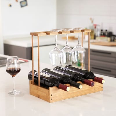 Wijnrek voor 4 flessen wijn en 4 wijnglazen - Bamboe - Hout - Design wijnrek - Wijnflessenrek - Flessenrek met wijnglashouder