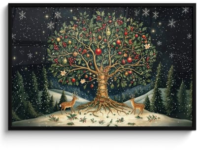 Poster in lijst - Fotolijst 120x80 cm - Posters - Feestboom - Winterhemel - Kleurrijk - Posterlijst zwart - Decoratie - Wanddecoratie woonkamer - Muurdecoratie slaapkamer - Kerstversiering - Kerstdecoratie voor binnen - Kerstmis