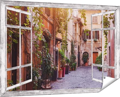 Gards Tuinposter Doorkijk Straatje in Rome met Groene Planten - 150x100 cm - Tuindoek - Tuindecoratie - Wanddecoratie buiten - Tuinschilderij