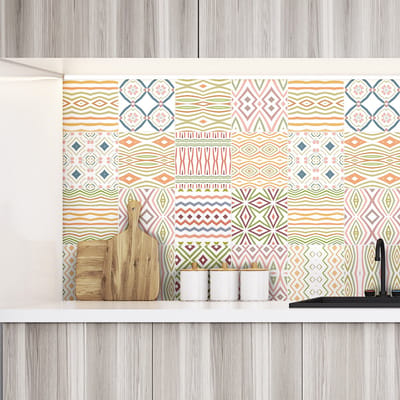 Zelfklevende muurtegelstickers voor keuken en badkamer - 24 etnische cementtegelstickers MATSUMOTO - 24 stickers 10x10cm