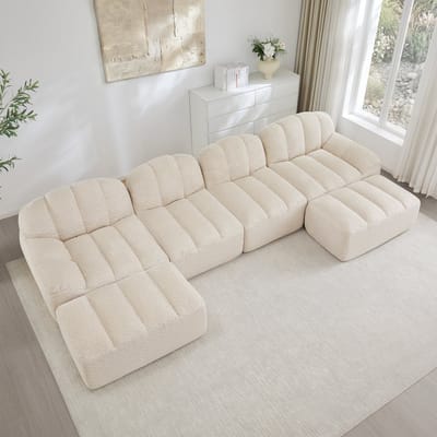 MODENUIT U-Bank 4-Zits - Modulair Met 2 Ottomanen - Voor Woonkamer En Appartement - Granulair Fleece - Beige Wit