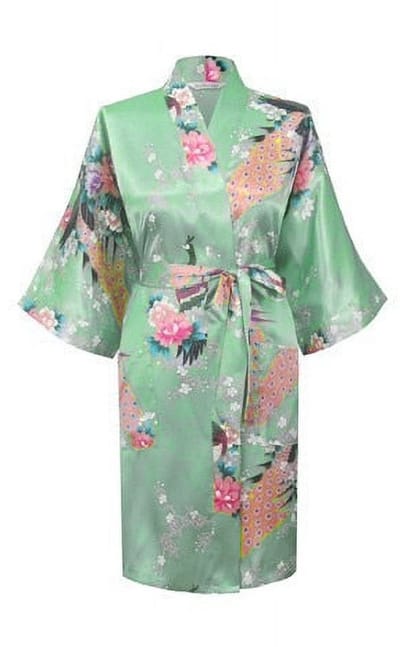 KIMU® Kimono Mintgroen Kort - Maat S-M - Yukata Satijn Boven de Knie - Korte Witte Ochtendjas Japanse Kamerjas Sexy Satijnen Badjas Geisha Pauwenprint Vest Festival