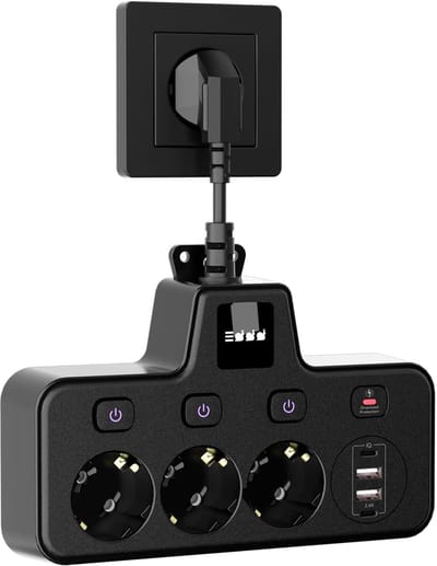 Stekkerdoos, 3-voudig, met 2 USB A en 2 type C snellaadpoorten, meervoudige stekkerdoos met enkele schakelaars en aanraakscherm-nachtlamp (3 helderheidsniveaus) voor kantoor, thuis, op reis, zwart