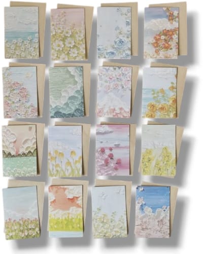 16x kleine kunstzinnige kaarten Set - Inclusief Enveloppen - Olieverfkaarten - Kleine kaart Versturen - Kinderen & Volwassenen - 10.5x7 cm