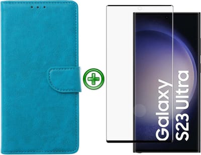 Samsung Galaxy S23 Ultra hoesje - Met Samsung S23 Ultra Screenprotector - Portemonnee Cover - Turquoise