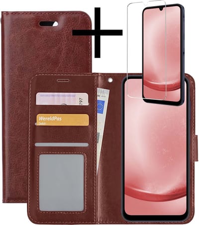 Hoesje - Met Screenprotector - Geschikt voor Samsung Galaxy A25 - Luxe Pasjeshouder - Bookcase Portemonee - Flip Case - Kunstleer Book Case - Flipcase - Book Cover - Walletcase - Portemonneehoes - Bruin