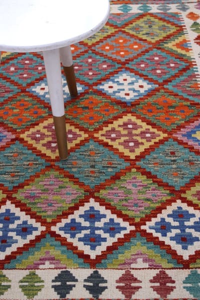 Kleurrijk Tapijt Laagpolig Handgeweven Wollen Vloerkleed - Koho Afghan Kelim 155x104 - 155x104cm- Modern - Woonkamer - Salon - Slaapkamer - Eetkamer