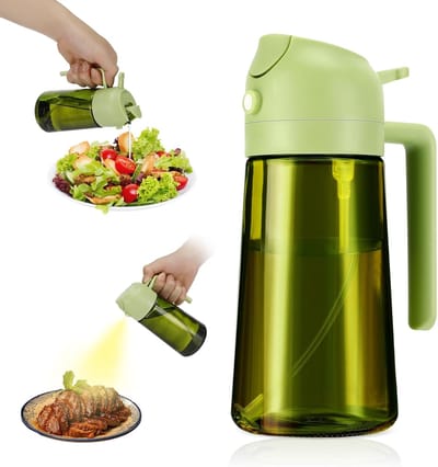 Famanu – Oliedispenser en spray 2-in-1, 470 ml, BPA-vrij met uv-bescherming, geschikt voor salade en airfryer (groen)