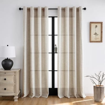 Famanu - Gordijnen Kant En Klaar Met Haakjes - Gordijnen Met Plooiband Beige Linnen Look Semi-Vrije Gordijnen Set Van 2 - 225x140 CM - Beige - Grijs - Natuurlijk - Wit