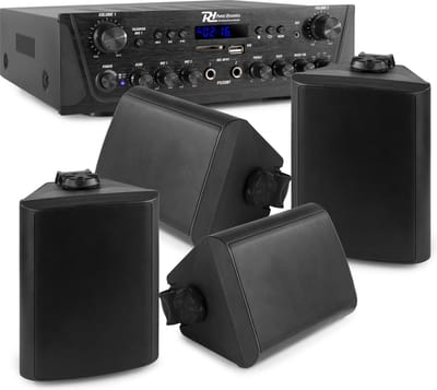 Geluidsinstallatie - Power Dynamics horeca geluidsinstallatie met Bluetooth en mp3 speler en 4 weerbestendige speakers - Zwart