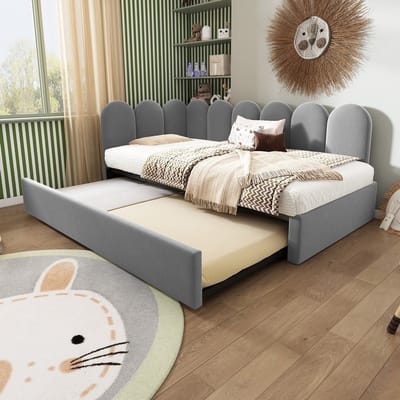 KOMHTOM - Gestoffeerd bed - Daybed - 90x200 cm - dagbed - slaapbank - kinderbed - met uitschuifbed 90x190 cm - lattenbodem - fluweel - grijs - zonder matras