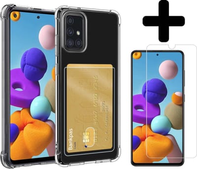 Hoesje - Geschikt voor Samsung Galaxy A51 - Met Screenprotector - En Pashouder - En Kaarthouder - Telefoon Hoes Shockproof - Siliconen Case - Back Cover - Shock Proof - Pasjes Houder - Telefoonhoesjes - Transparant