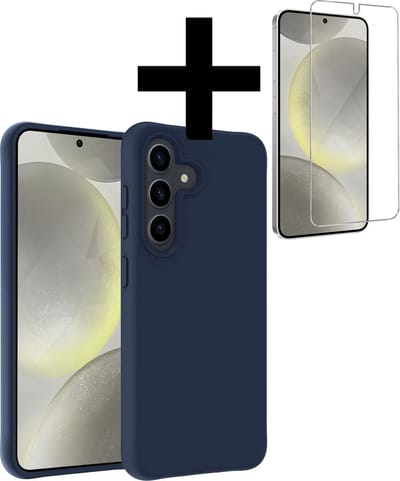 Hoesje - Met Screenprotector - Geschikt voor Samsung Galaxy S24 - Sterk & Shockproof - Back Cover - Siliconen Case - Telefoon Hoes - Telefoonhoesjes - Donkerblauw