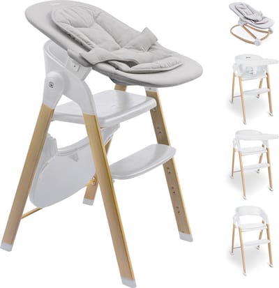 BabyGO Levels Newborn Set - Kinderstoel & Wipstoel - Eetstoel voor kinderen vanaf 6 maanden tot 110kg - Hout look - Wit
