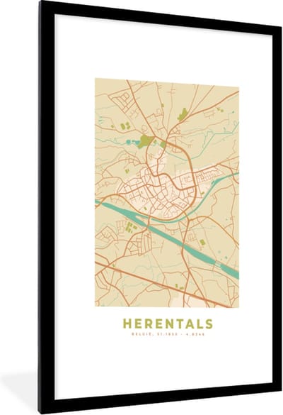 Fotolijst incl. Poster - Herentals - België - Stadskaart - Kaart - Plattegrond - 60x90 cm - Posterlijst