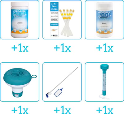 Zwembad Onderhoudspakket - Onderhoud Zwembad - bevat Chloor - Testrips - Chloor - Chloordrijver - Schoonmaakset en Thermometer (6-delig)