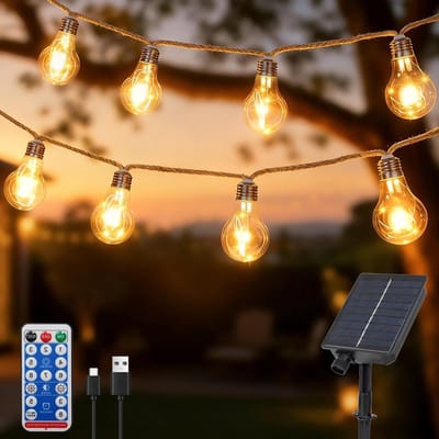 Zonne-energie Touwverlichting met Afstandsbediening en Timer, 10m met 20 Schokbestendige Lampen, Waterdichte Decoratie voor Tuin, Terras en Feestjes (Warm Wit)