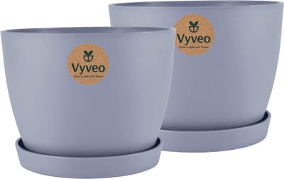 Vyveo - Bloempot Lunda met onderzetter - Set van 2 - 14x10 - Donkergrijs - Bloempot voor binnen en buiten - Lichtgewicht - Breukbestendig - Vorstbestendig - UV-bestendig