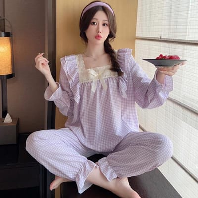Pijama Dames Grote Maat Kersenprint Nachtkleding Set Top met Lange Mouwen+Broek Ruches Homewear Huidvriendelijk Ademend 5XL gray