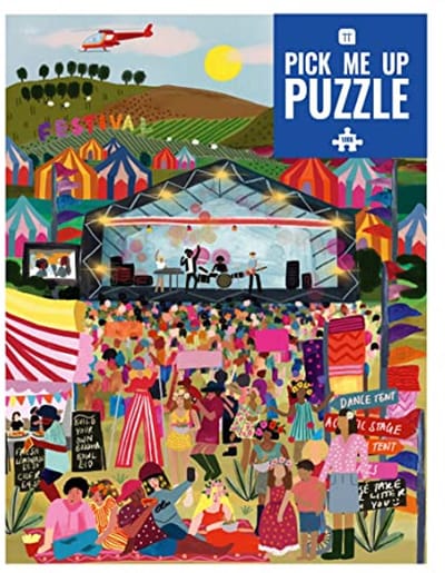 Talking Tables Puzzel voor volwassenen, 1000 stukjes, met bijpassende poster en trivia-blad, kleurrijk geïllustreerd design, verjaardagscadeaus voor muziekliefhebbers, blauw (PUZZ-PMU-festival)