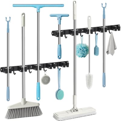Dailygoods - WISYOK Bezemhouder voor aan de muur, 2 stuks, 10 houders + 8 haken, zware belasting, gereedschapshouder, roestvrij staal, tuingereedschapshouder, bezemhouder, wandhouder voor garage, werkplaats, tuin