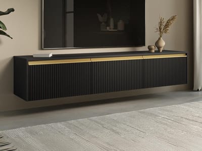 Vente-unique Hangend of staand tv-meubel met 3 deurtjes van MDF - Zwart en goudkleurig - POSINIA