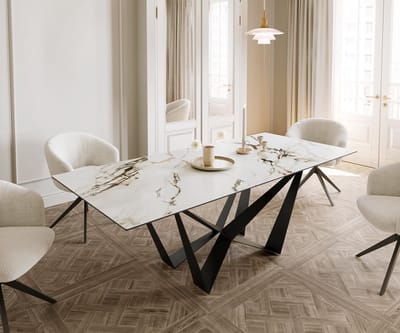 Eetkamertafel Edge keramiek Calacatta Luxe wit-goud-grijs 180-220x100 spider vlak staal zwart uitschuifbaar