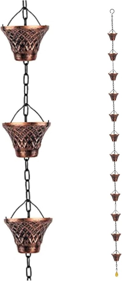 Metalen Regenketting - Regenvanger Goot - Buiten Decoratie - 12 Bekers Design - 270 cm Lang - Brons