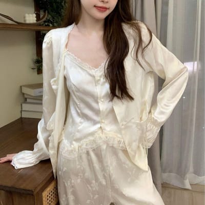 Nouveau Pyjama d'été en Soie Glacée Style Palais pour Fille Style Français à Bretelles Printemps Nouvel Ensemble 3 pièces Vêtements d'Intérieur Femme Pantalon à Manches Longues XXL blanc