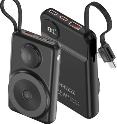 Phreeze 4-in-1 Powerbank - PowerBank 10000 mAh - Powerbank met Draadloos Opladen & Oplaadkabels - 20W Snellader - Geschikt voor Apple Watch, iPhone 15 en MagSafe - Draadloze Powerbank