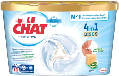 Le Chat HC Discs Sensitive 4-in-1 (4x) – Wasmiddelcapsules – Hypoallergeen & Zacht voor de Huid – 16 Stuks / 264 g – Voor Gevoelige Huid (4x)