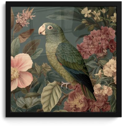 Poster in lijst - Fotolijst 40x40 cm - Posters - Groene papegaai - Kleurrijke bloemen - Donkere achtergrond - Posterlijst zwart - Decoratie - Wanddecoratie woonkamer - Muurdecoratie slaapkamer