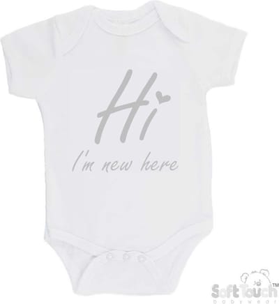 100% katoenen Romper "Hi I'm new here" Met Een Hartje Unisex Katoen Wit/zilver Shiny Maat 56/62