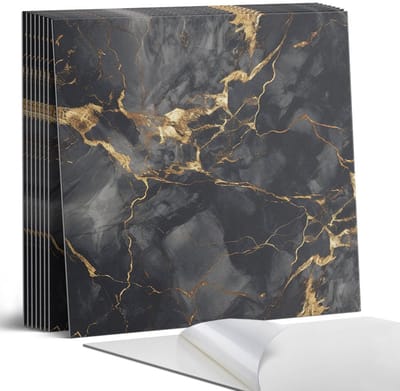 Coloray Plaktegels - Elegant marmerpatroon Portugese Tegels - 30 cm x 30 cm - Zwart Plaktegels - 9 stuks - Vierkant PVC Tegels - Plaktegels Keuken - Zelfklevende Vloertegels - Vinyltegels Vloer Zelfklevend - Zelfklevende Tegels