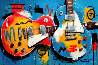 John Joseb Art (Aluminium) 120x80 | Gitaren, abstract, Herman Brood stijl, kleurrijk, kunst, muziekinstrument, gitaar, muziek, rood, blauw, wit, geel, modern | foto-schilderij op dibond, metaal wanddecoratie