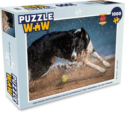 Puzzel Een zwart-witte border collie achtervolgt een tennisbal op het strand - Legpuzzel - Puzzel 1000 stukjes volwassenen