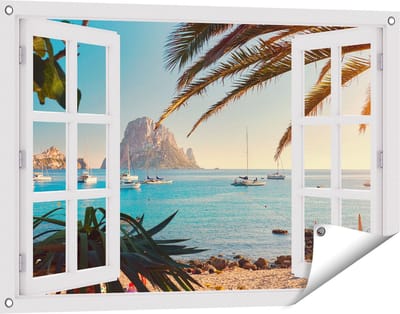 Gards Tuinposter Doorkijk Ibiza Cala d'Hort Strand - 90x60 cm - Tuindoek - Tuindecoratie - Wanddecoratie buiten - Tuinschilderij