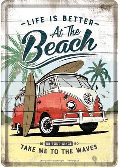 Wandbordje / Metal Card - Volkswagen Bulli At The Beach