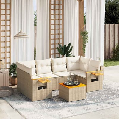 vidaXL - 7-delige - Loungeset - met - kussens - poly - rattan - beige