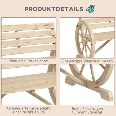 Zitbank - Tuinbank Met Armleuningen En Wagenwiel Design - Voor Tuin, Terras En Buitenruimte - Massief Dennenhout - Naturel